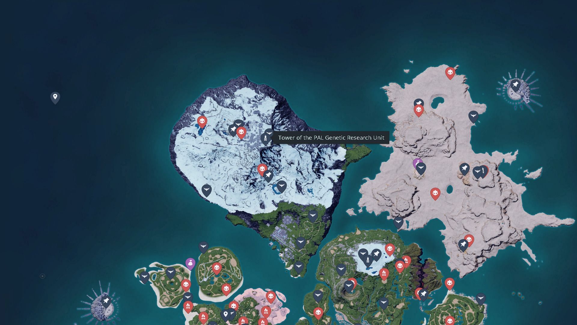 The location of the PAL Genetic Research Unit Tower in Palworld (Image via Map Genie/Pocket Pair, Inc./Sportskeeda)